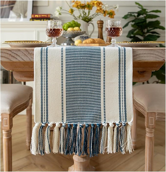 Caflife Boho Table Runner Blue and White for Modern Farmhouse Decor, Natural Cotton Woven Runner with Tassels for Home Dining Table décor 13 x 108 Inch Long