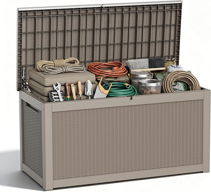 PatioZen 320 Gallon Deck Box, Outdoor Storage Box, Outdoor Storage Box for Cushions, Garden Tools, Furniture Storage,Waterproof, Lockable and Resin,Grey