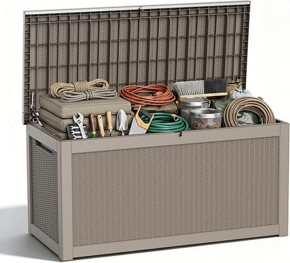 PatioZen 320 Gallon Deck Box, Outdoor Storage Box, Outdoor Storage Box for Cushions, Garden Tools, Furniture Storage,Waterproof, Lockable and Resin,Grey
