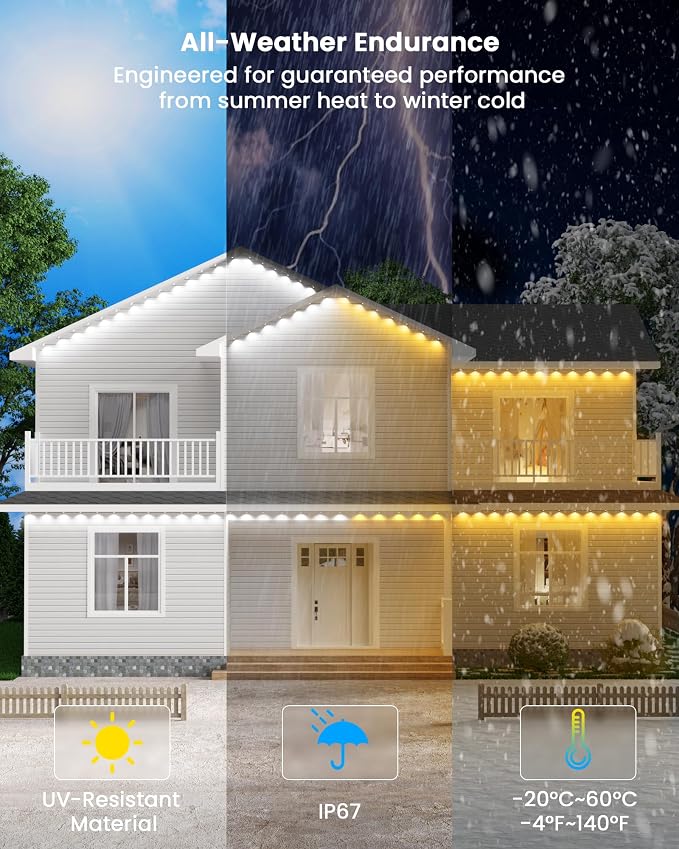 Gefolly Permanent Outdoor Lights Pro, 150ft, 90 RGBW Light, 111 Scene Modes | Double-LED for Daily, Halloween, Christmas, IP67 Waterproof for Outdoor Decor, Works with Alexa, Google Assistant, White