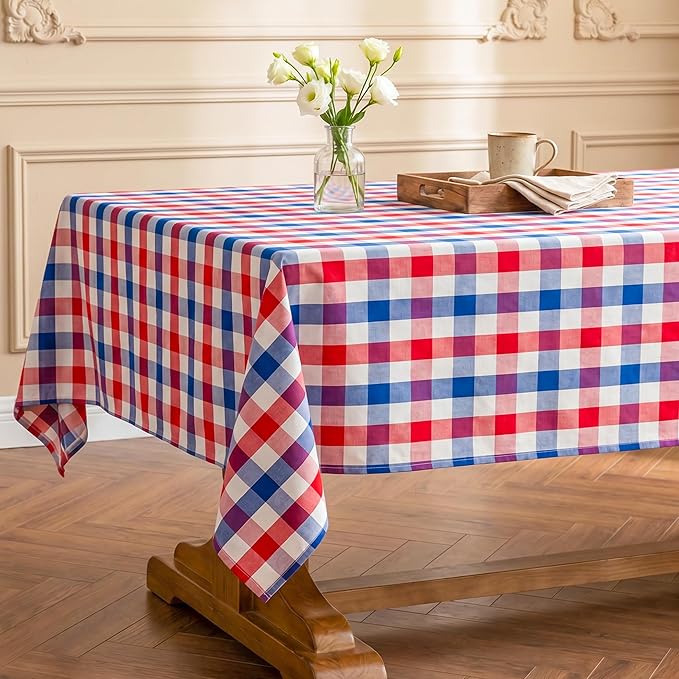 Patriotic Waterproof Tablecloth - Red, White & Blue Buffalo Plaid Table Cover, Stain-Resistant & Washable, Indoor & Outdoor Picnic Tablecloth for 4th of July, Memorial Day, W60 x L60 inch