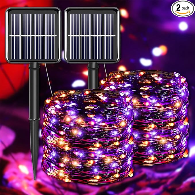 Halloween Decorations Outdoor Lights, Solar String Lights Purple Orange IP67 Waterproof 2 Pack Total 200 LED 66FT 8 Modes Fairy Lights, Outside Fall Decor for Tree, Garden, Patio, Fence, Lawn
