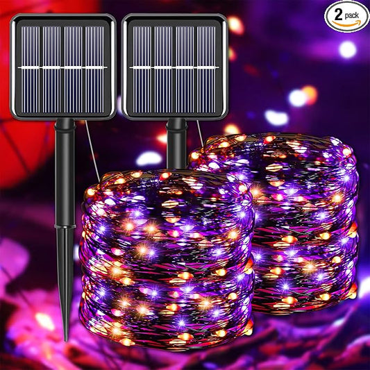 Halloween Decorations Outdoor Lights, Solar String Lights Purple Orange IP67 Waterproof 2 Pack Total 200 LED 66FT 8 Modes Fairy Lights, Outside Fall Decor for Tree, Garden, Patio, Fence, Lawn