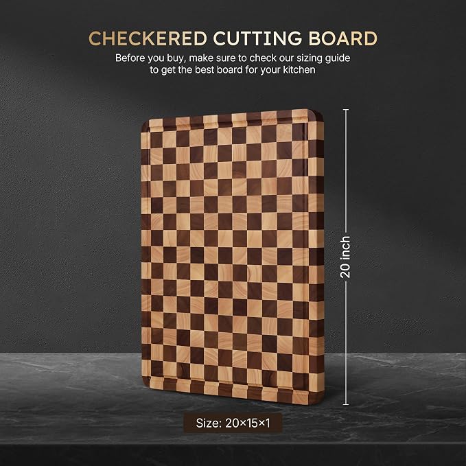 Cutting Boards for Kitchen Checkered Cutting Board 20in Acacia Wood Charcuterie Board Serving Heavy Duty Non Toxic Slip Over Sink Butcher Block Wood Chopping Board with Juice Grooves Handles