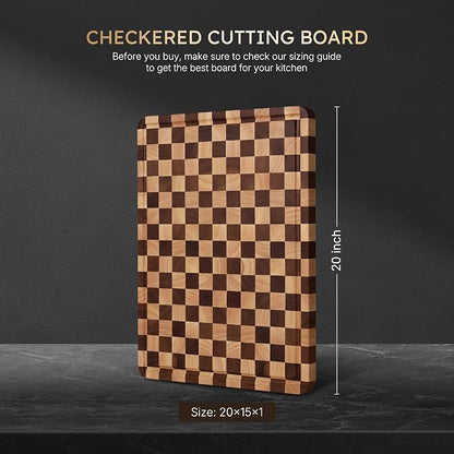 Cutting Boards for Kitchen Checkered Cutting Board 20in Acacia Wood Charcuterie Board Serving Heavy Duty Non Toxic Slip Over Sink Butcher Block Wood Chopping Board with Juice Grooves Handles