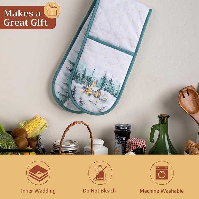 Maison d' Hermine Double Oven Mitts 100% Cotton Double Oven Glove (7"x35") | Heat Resistant BBQ Cooking Gloves with Loop Baking Kitchen Home Hotel Farmhouse Thanksgiving Christmas - Neige de Noel