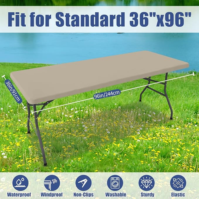 Moosfor 2 Pack Rectangle Spandex Fitted Table Cloth, 8FT Elastic Tablecloth | Washable Picnic Table Cover, Stretch Waterproof Table cloths for Party, Patio, Dining, Kitchen, 36" x 96", Taupe