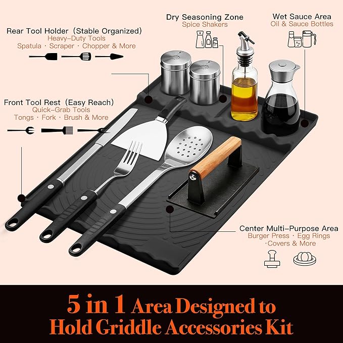 Silicone Grill Mat for Blackstone - BBQ Griddle Tools Side Mat with Drip Pad, Griddle Tools Mat for Outdoor Kitchen Countertop, BBQ Grill Accessories Gifts for Men (Black-2Pack)