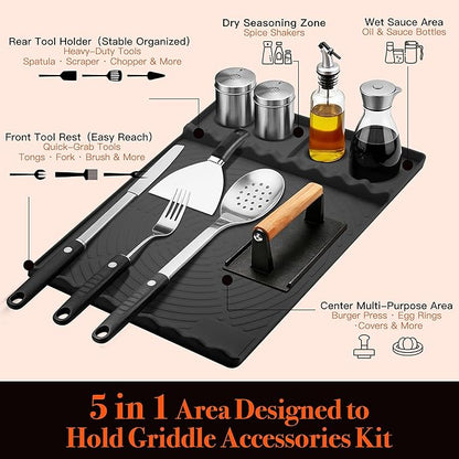 Silicone Grill Mat for Blackstone - BBQ Griddle Tools Side Mat with Drip Pad, Griddle Tools Mat for Outdoor Kitchen Countertop, BBQ Grill Accessories Gifts for Men (Black-2Pack)