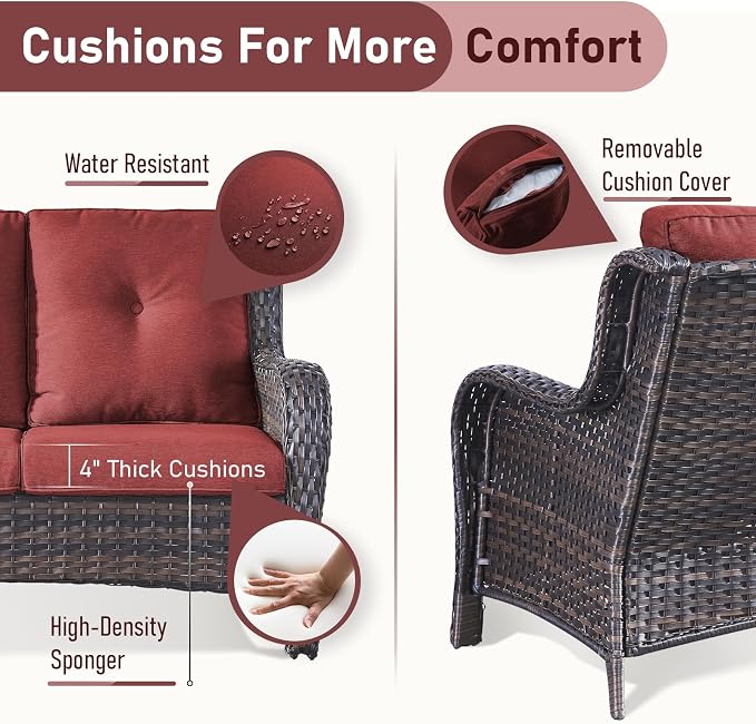 Outdoor Couch All Weather PE Wicker Patio Sofa Outdoor Sofa Deep Seating for Porch Deck Backyard-Brown/Red
