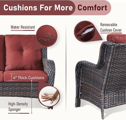 Outdoor Couch All Weather PE Wicker Patio Sofa Outdoor Sofa Deep Seating for Porch Deck Backyard-Brown/Red