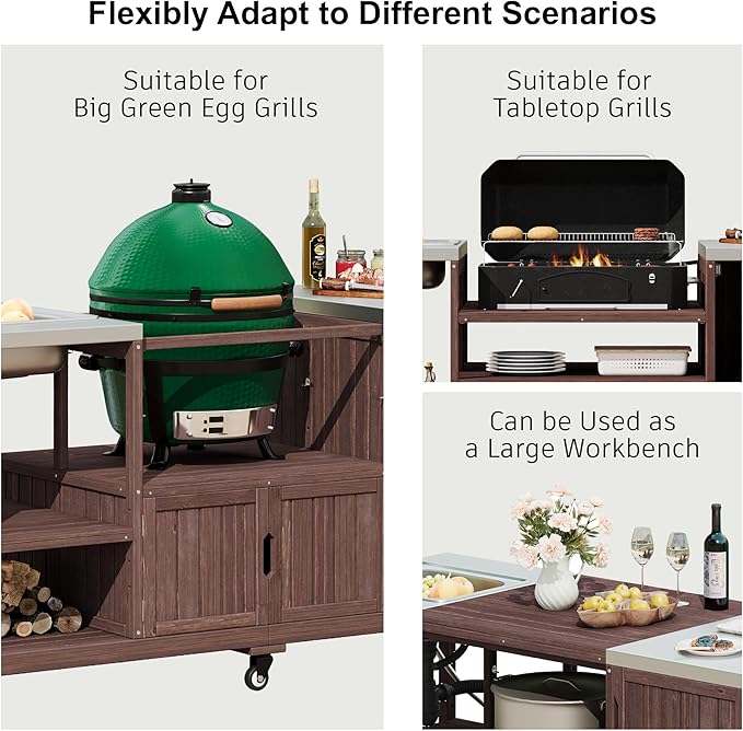 75.4" Outdoor Kitchen Island with Sink, Solid Wood Grill Cart for XL Big Green Egg, Rolling Outdoor Bar Cart with Stainless Steel Top, Adjustable Shelves, 6 Wheels for BBQ Pizza Prep