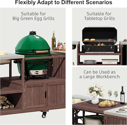 75.4" Outdoor Kitchen Island with Sink, Solid Wood Grill Cart for XL Big Green Egg, Rolling Outdoor Bar Cart with Stainless Steel Top, Adjustable Shelves, 6 Wheels for BBQ Pizza Prep