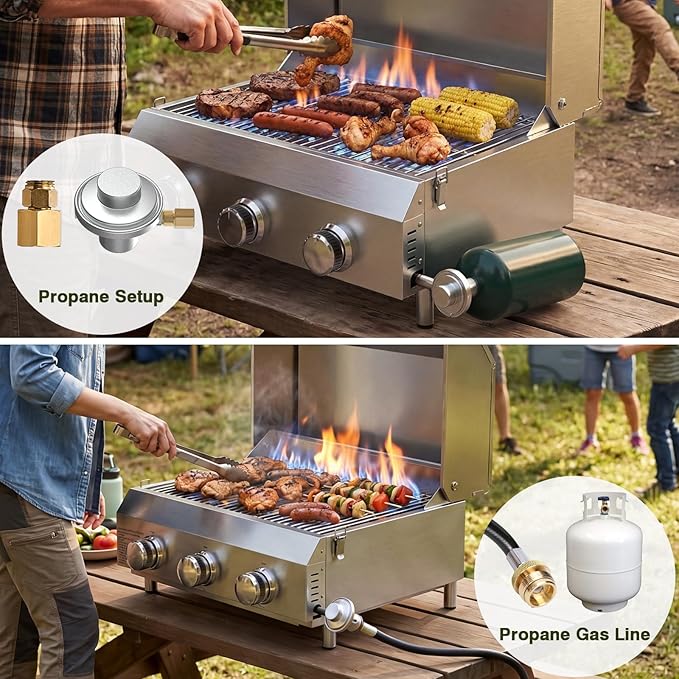 Bestfire 3-Burner Tabletop Gas Grill, Dual Connections, 30,000 BTU Portable Propane Grill, Stainless Steel Knobs/Grates, Compact & Detachable Legs for Camping, RV, BBQ