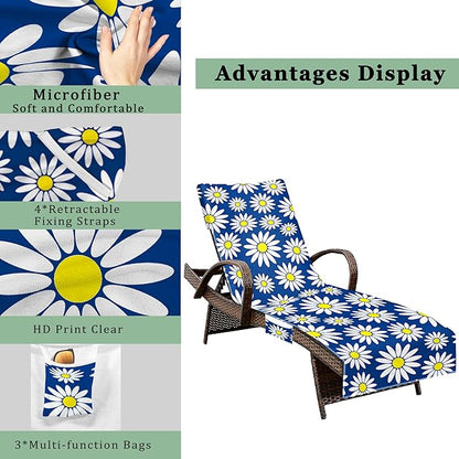 Lounge Chair Towel Cover, Beach Chair Cover (Pack of 2), Pool Lounge Chair Covers for Outdoor,Garden, Beach,Sun Lounger,Hotel Pool,Large Size and No Sliding, 85" X 30", Royal Blue Daisy