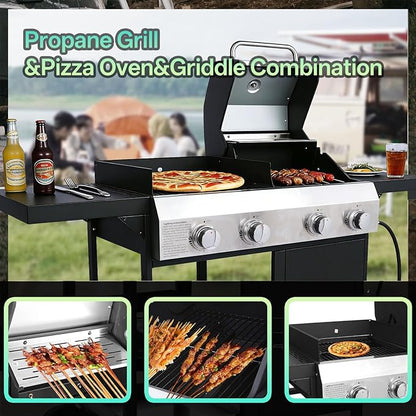 Endark 49,200 BTU 4-Burner Multi-Function Stainless Steel BBQ Grill - For Outdoor Cooking, Patio Backyard Barbecue, Camping - Griddle Combo for BBQ,FRYING and PIZZA