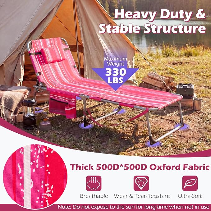 GYMAX Tanning Chair, 330LBS Beach Lounge w/Face Arm Hole & Shoulder Strap, Folding Layout Sunbath Chair, Face Down Outdoor Chaise Lounger for Patio, Poolside, Lawn, Backyard (1, Pink Stripe)