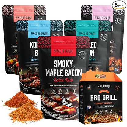 BBQ Grilling Rubs & Grill Seasonings Gift Set, 5 Gourmet Smoking Spice Rub Packs & Smoker Accessories, Spices Kit, Grilling Gifts For Men, Him, Dad, Husband, Gluten-Free, Kosher, Fathers Day Gift For Dad