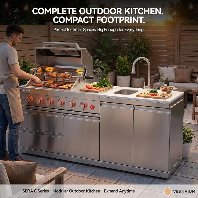 SERA C 4-Burner Propane Modular Outdoor Kitchen with Dual Sink | 75,300 BTU + side burner for sauces, dual-door sink with pull-out faucet, 304 ss, soft-close, locking casters, patio backyard