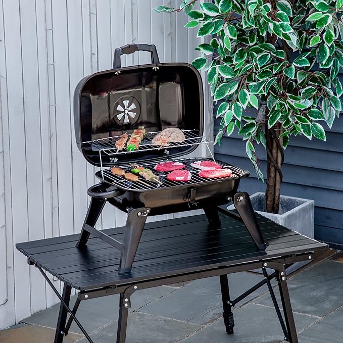 14" Portable Charcoal Grill, Outdoor Mini Weber BBQ Grill with Adjustable Vents on Lid for Picnic Camping Backyard Cooking, Black