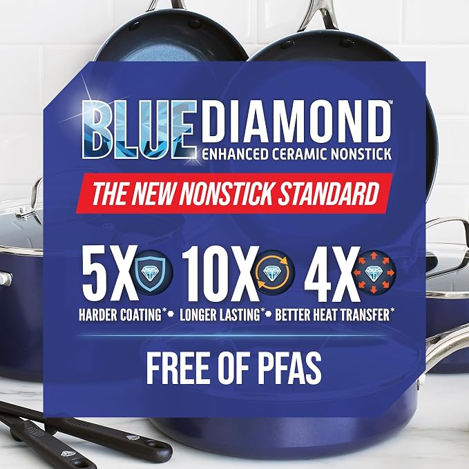 Blue Diamond 12" Diamond Ceramic Nonstick Frying Pan Skillet with Lid, Blue | PFAS-Free Ceramic Nonstick, Dishwasher & Oven Safe, Stay Cool Handle, Durable Metal Utensil Safe, Egg & Omelet Pan