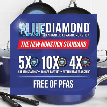 Blue Diamond 12" Diamond Ceramic Nonstick Frying Pan Skillet with Lid, Blue | PFAS-Free Ceramic Nonstick, Dishwasher & Oven Safe, Stay Cool Handle, Durable Metal Utensil Safe, Egg & Omelet Pan