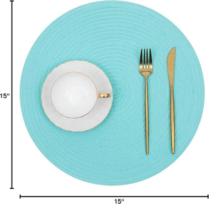 SHACOS Round Placemats Set of 6 Washable 15 inch Round Table Mats Cotton Polyester Woven Braided Place Mats for Dining Table (Aqua, 6)