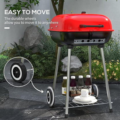 Portable Charcoal Grill with Bottom Shelf, BBQ Smoker with Wheels and Adjustable Vents on Lid for Picnic Camping Backyard Cooking, Black