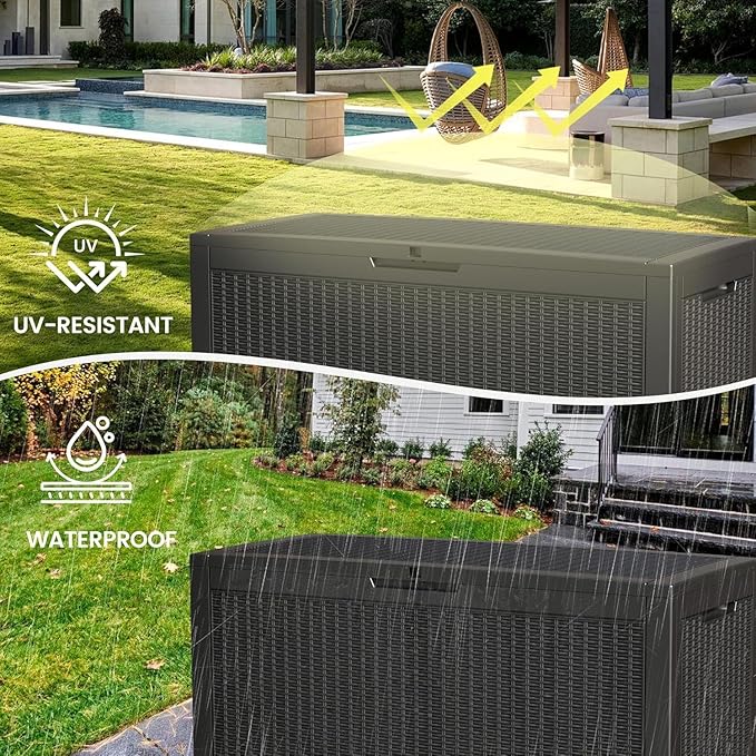 100 Gallon Storage Box, Waterproof Resin Deck Box with Hydraulic Piston Design, Lockable Storage Bench for Package Delivery, Storage Bin for Patio Cushions, Garden Tools, Black