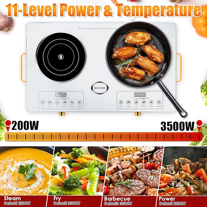 Electric Charcoal Burner Stove, 500W Single Coil Hot Plate Starter with Grill Tongs, 5-Level Temp, Smart Heat Control & Stainless Steel Fast Heating for Cooking top Countertop (5543White-Double)