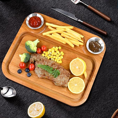 MAVOTER Wooden Steak Plates include 2 Sauce Cups, Wood Steak Board Set Serving Tray for Food Meat Cutting Board with Juice Groove, Charcuterie Board Platter for Home