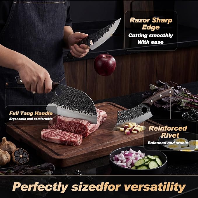 Butcher Knife Set 3PCS, Hand Forged Serbian Chef Knife & Meat Cleaver & Viking Knife, Food Cutting Kitchen Knife for Home, Outdoor Cooking, Camping BBQ Gift for Men