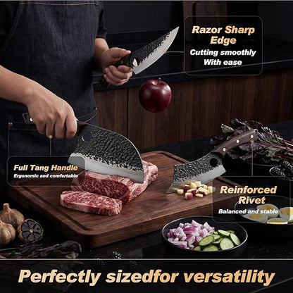 Butcher Knife Set 3PCS, Hand Forged Serbian Chef Knife & Meat Cleaver & Viking Knife, Food Cutting Kitchen Knife for Home, Outdoor Cooking, Camping BBQ Gift for Men