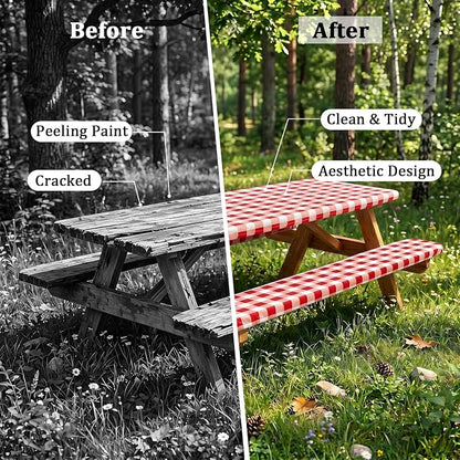 Poise3EHome Picnic Table Cover with Bench Covers, 6 Foot Fitted Elastic Tablecloth Set, Heavy Duty Polyester with TPU Waterproof Backing, Washable Outdoor Picnic Set for Camping, RV & Park(Red&White)
