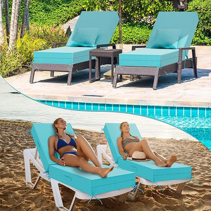 Outdoor Water-Resistant Olefin Chaise Lounge Cushions with Pillow, Weather and Fade Resistant Patio Furniture Lounge Chair Cushion Ideal for Patio, Lawn, Garden, Turquoise, 72"L x 21"W x 5"T