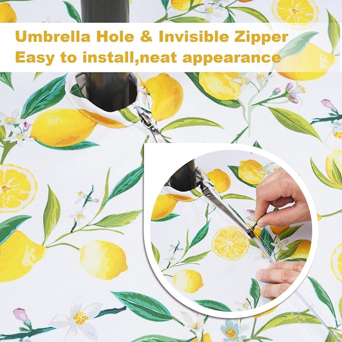 SquarePie Outdoor Tablecloth with Umbrella Hole Rectangle - 60x84 Inch Water Resistant SpillProof Zippered Patio Table Cover for Spring Summer Garden Camping Poolside Picnic, Summer Lemon