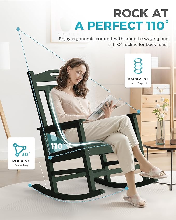 Ciokea Oversized Outdoor Rocking Chair, 380lbs Heavy-Duty Large Patio Rocker, Weather Resistant & Anti-Fade Porch Chair, High Back Cozy Rocking Chair for Outside, Fire Pit, Deck, Garden,Forest