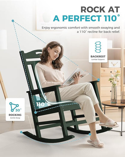 Ciokea Oversized Outdoor Rocking Chair, 380lbs Heavy-Duty Large Patio Rocker, Weather Resistant & Anti-Fade Porch Chair, High Back Cozy Rocking Chair for Outside, Fire Pit, Deck, Garden,Forest