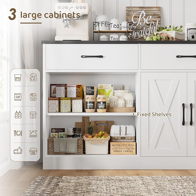 HOSTACK 71" Large Sideboard Buffet Cabinet with Storage, Farmhouse Coffee Bar Cabinet with 3 Drawers, Long Kitchen Buffet Table, Kitchen Sideboard Storage Cabinet for Dining, Living Room, White/Black