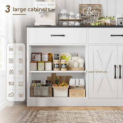 HOSTACK 71" Large Sideboard Buffet Cabinet with Storage, Farmhouse Coffee Bar Cabinet with 3 Drawers, Long Kitchen Buffet Table, Kitchen Sideboard Storage Cabinet for Dining, Living Room, White/Black