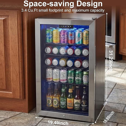 20 Inch Beverage Refrigerator, Mini Fridge with Glass Door for Soda Beer– 130 Can Small Fridge for Home Office Bar, 3.4 Cu.Ft Drink Cooler with Reversible Door, Digital Temperature Control