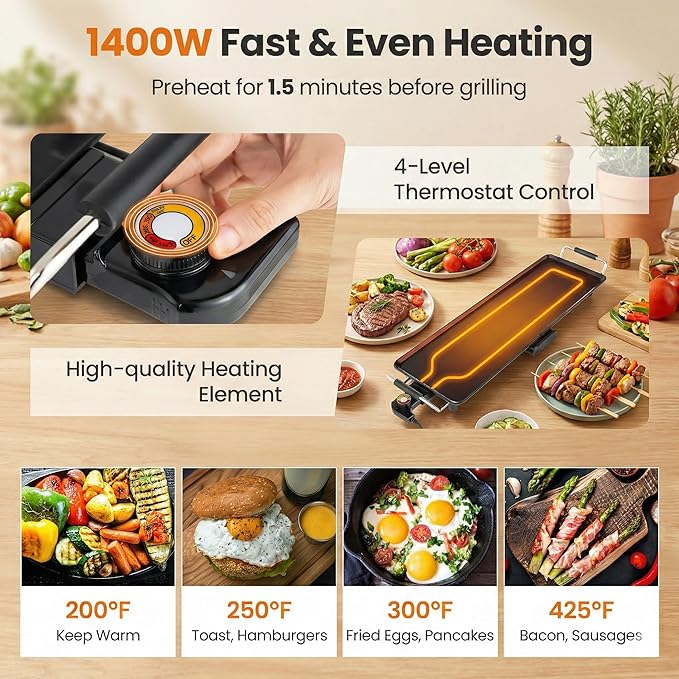 SIMOE 35 Inch Large Electric Griddle, Teppanyaki Grill BBQ with 4-Level Adjustable Temperature, Insulated Handles & Drip Tray, Indoor Outdoor Extra Long Griddle Pan Electric for Party, Home, Camping