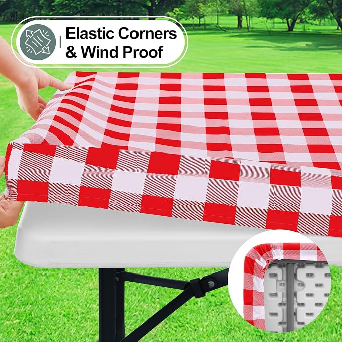 Buffalo Rectangle Picnic Tablecloth, 6 Foot Elastic Fitted Vinyl Table Cloth with Flannel Backing, Waterproof Plaid Table Covers for Dining, Camping, Outdoor (Red and White, 30" x 72")