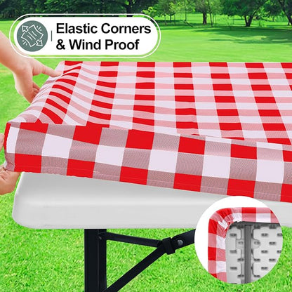 Buffalo Rectangle Picnic Tablecloth, 6 Foot Elastic Fitted Vinyl Table Cloth with Flannel Backing, Waterproof Plaid Table Covers for Dining, Camping, Outdoor (Red and White, 30" x 72")