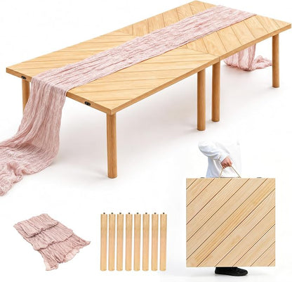 Folding Picnic Table for Indoor Outdoor, Portable Boho Low Picnic Table with Table Runner, 60" x 30" Wooden Table for Camping, Wedding, Beach, Garden, Party, Seats 6-8 People