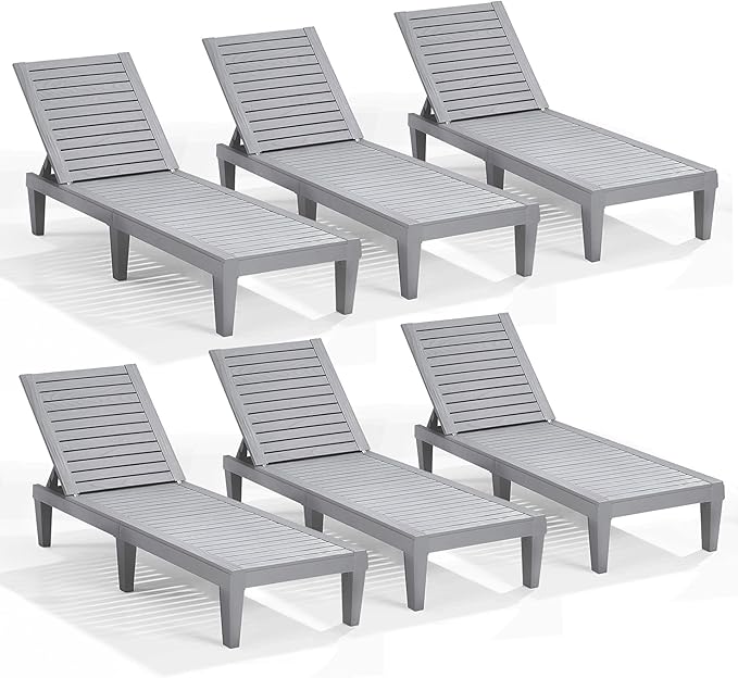 Nestl Sun Tanning Chair - Light Grey Chaise Lounge Chair Outdoor, Lightweight Pool Lounge Chairs Set of 6, Adjustable 5-Position Reclining Lawn Chair, Waterproof Beach Outdoor Lounge Chairs