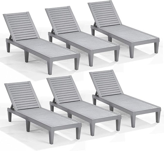 Nestl Sun Tanning Chair - Light Grey Chaise Lounge Chair Outdoor, Lightweight Pool Lounge Chairs Set of 6, Adjustable 5-Position Reclining Lawn Chair, Waterproof Beach Outdoor Lounge Chairs