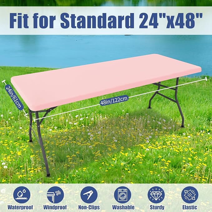 Moosfor Spandex 4 Foot Rectangle Table Cloth, Elastic Fitted Tablecloths for Picnic, Stretch Washable Patio Table Cover for Outdoor, Camping, Banquet and Parties (Pink, 24"x48")