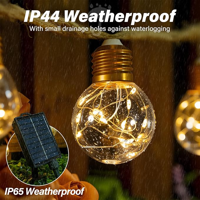 Ollny 26FT Solar String Lights Outdoor, Waterproof Remote Control Patio Lights with 16 LED Shatterproof Bulbs, Dimmable Timers & 8Modes Memory Function Vintage Hemp Rope Lights for Garden Bistro Fence