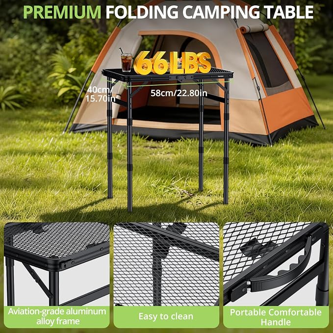 2ft Portable Grill Table, Heat-Resistant Tabletop 3 Heights 27.5" | Aluminum Grill Side Table, Waterproof & Easy to Clean, Lightweight, Portable Handle for Travel Cooking BBQ, 24" x 16", Black